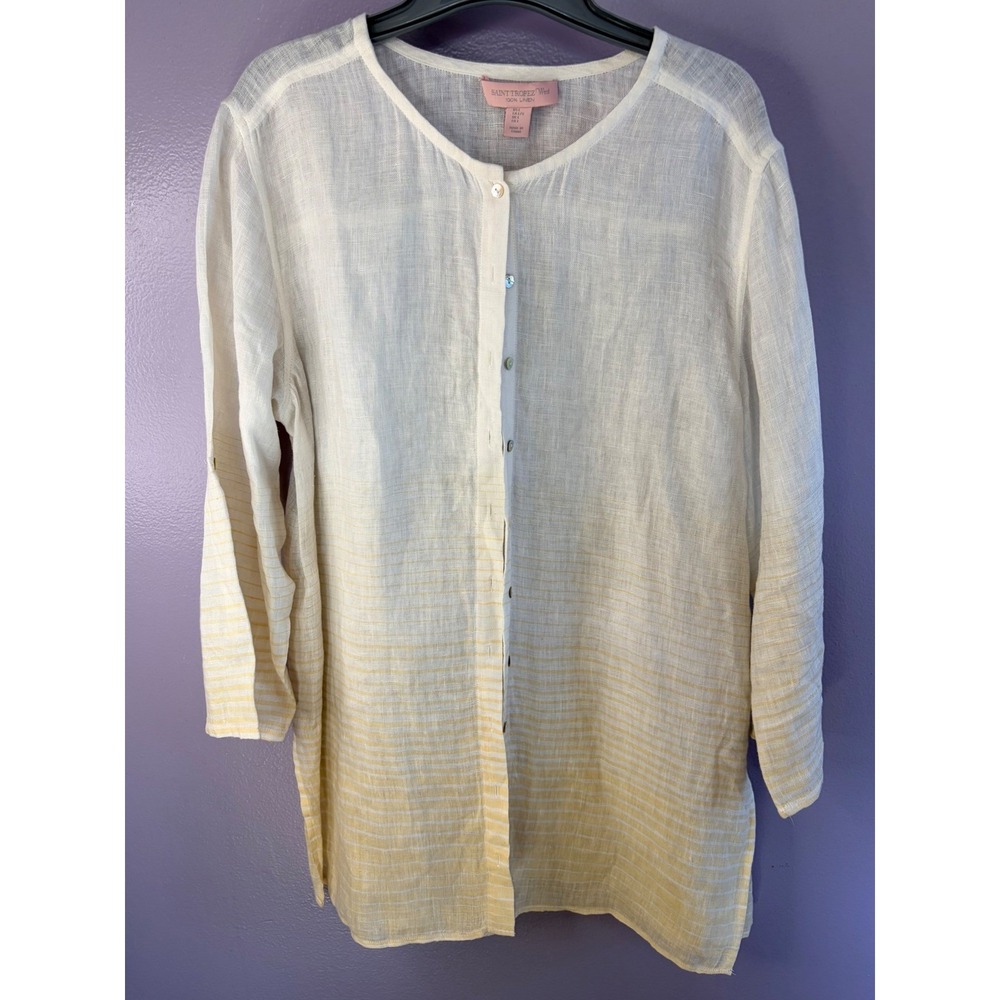 Saint Tropez West 100% Linen Striped Tunic Top Large Boho Coastal White Tan